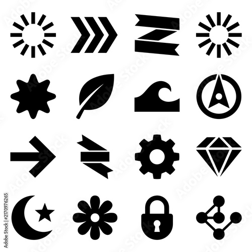Grid of various black silhouette icons including suns and arrows with leaf icon