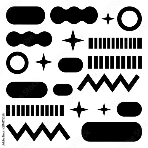 Set of abstract black geometric shapes and wavy lines on white background