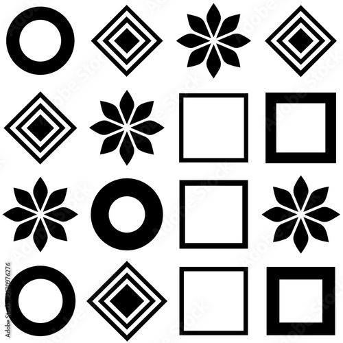 Pattern grid of black circles flowers and squares with geometric pattern