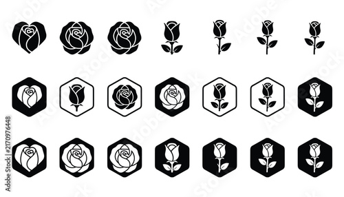 Rose flower icons collection in various shapes including heart, hexagons, silhouettes, and outline designs.
