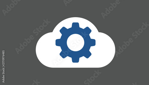 White cloud storage icon containing a blue gear representing remote configuration, database settings, and automated hosting.