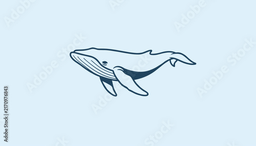 Humpback whale line drawing illustration swimming gracefully in deep water, colored in shades of blue on a light background.