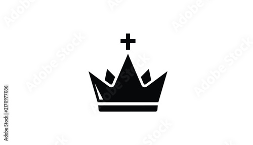 Black crown icon featuring a cross on the center peak, symbolizing royalty, authority, monarchy, and nobility on a white background.