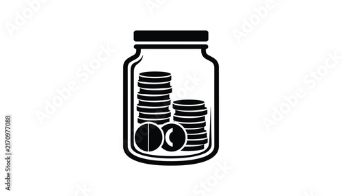 Glass money jar filled with stacks of coins, representing savings, finance, investment, budget planning, and future wealth accumulation.
