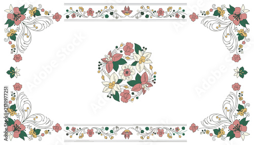 Elegant floral frame with a central flower bouquet and decorated corners represents classic textile pattern design.