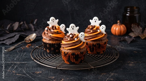 Fotografie Three chocolate cupcakes decorated with ghosts for a halloween party