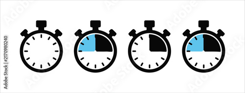 Stopwatch timers showing different time intervals with black and blue colored sectors for timing.