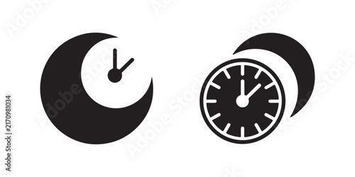 Night time clock symbols with crescent moon for sleep tracking and evening schedule app interfaces.