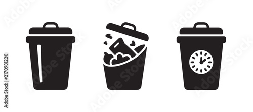 Trash can icons set with simple bin designs and clock symbol for garbage management waste disposal.