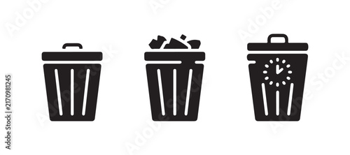 Black trash can vector icon with closed lid for garbage disposal and waste management graphic design.