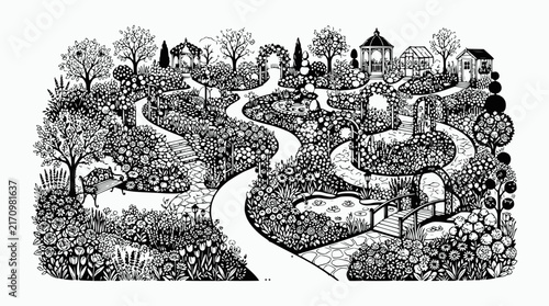 Whimsical Black and White Garden Illustration: Paths, Gazebos, and Blooming Flora