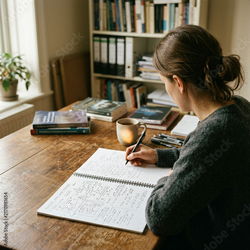 Person writing control equations in a spiral notebook at a study table