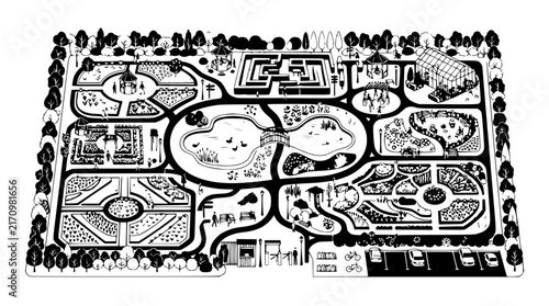 Black and White Aerial View of a Botanical Garden Park with Maze, Pond, and Greenhouse