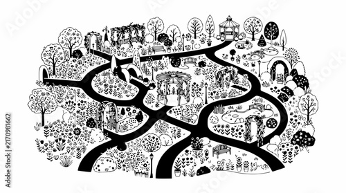 Whimsical Garden Map Illustration - Black and White Line Art