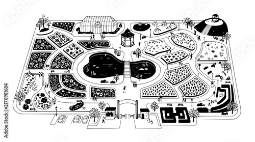 Aerial View of a Stylized Botanical Garden with Flower Beds, Pond, and Greenhouse