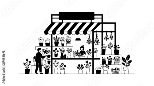 Minimalist flower shop illustration with people arranging plants and bouquets.