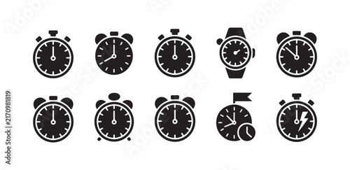 Watch and timer icon set for timekeeping tasks scheduling productivity measurement and deadline apps.
