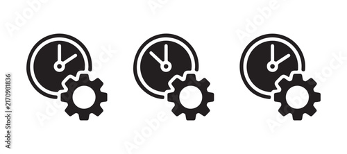 Time settings black flat icons with clock and gear wheel for interface design and system setup.