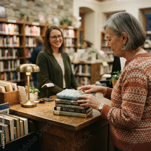 Bookstore counter displays stacked novels while two women chat near tall wooden shelves