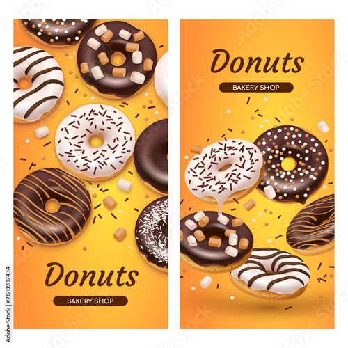 Set of vertical banners for bakery shop with white and black chocolate donuts sprinkles sugar glaze, marshmallows and chopped nuts. Fast food isolated on the orange background. Realistic style. 