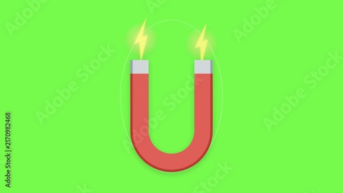 Red Horseshoe Magnet with Electric Sparks and Magnetic Field Animation on Green Screen