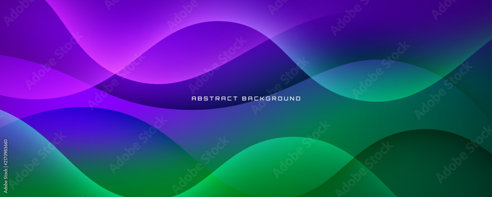 Naklejka premium 3D purple green abstract background in bright space with flowing waves effect decoration. Modern graphic design element glowing cutout style concept for web banner, art, flyer, card or brochure cover