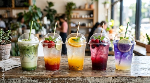 Five colorful fruit smoothies and refreshing cold drinks in plastic cups with straws on a wooden table in a cafe