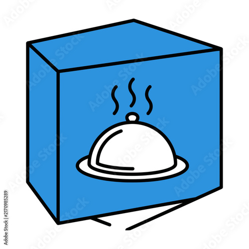Blue food delivery box with steam icon for takeout service