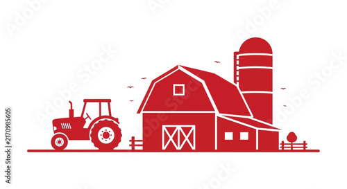 Red farm silhouette with tractor and barn, rustic countryside landscape vector, agricultural ranch scene with silo and fence isolated on White Background