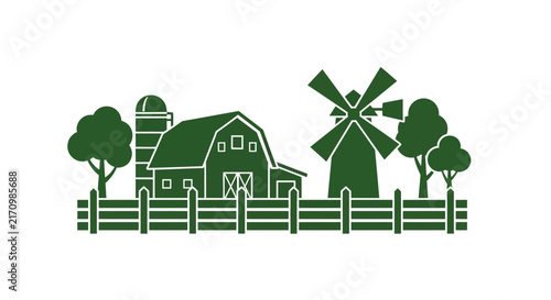 Green farm landscape silhouette, rustic barn and windmill vector, rural countryside farmstead with wooden fence and trees isolated on White Background