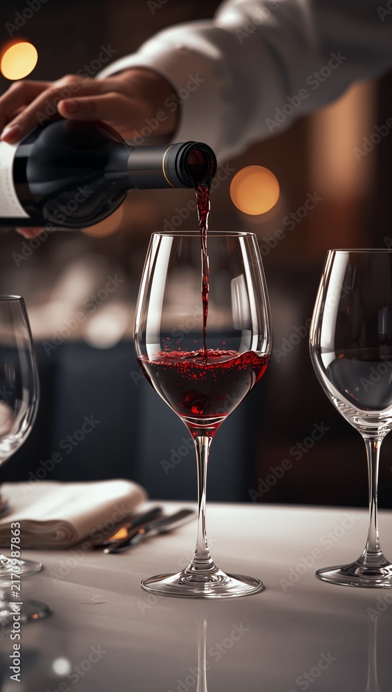 Fototapeta premium Red wine being poured into an elegant glass on a wooden table in a cozy winery setting. 