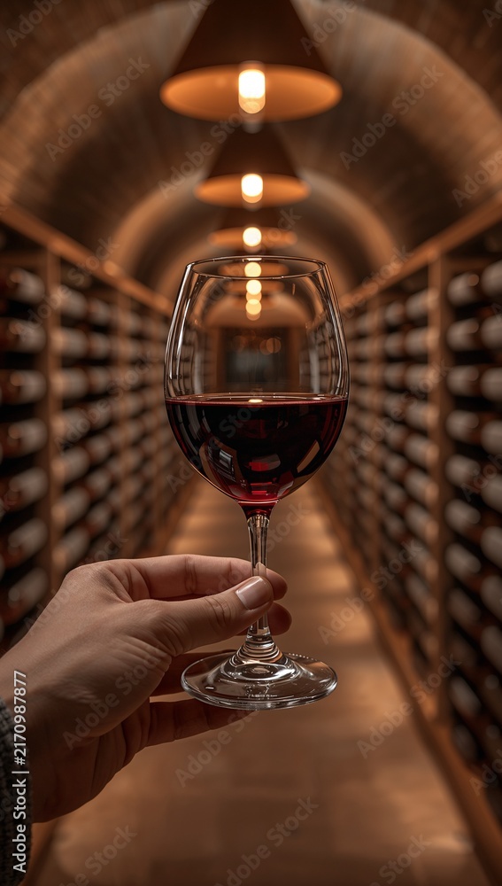 Fototapeta premium Hand holding a glass of red wine inside an atmospheric underground wine cellar lined with aging barrels. 