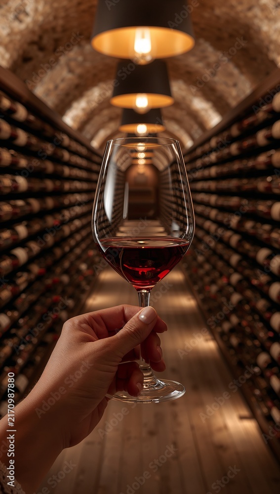 Fototapeta premium Hand holding a glass of red wine inside an atmospheric underground wine cellar lined with aging barrels.