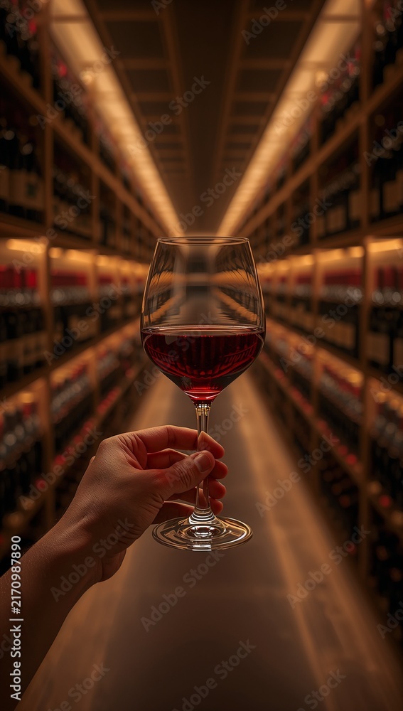 Naklejka premium Hand holding a glass of red wine inside an atmospheric underground wine cellar lined with aging barrels. 