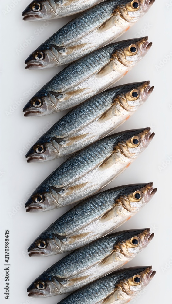 Fototapeta premium Fresh silver fish arranged in a neat repeating pattern on a clean white background.