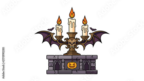 Spooky gothic candelabra with lit candles and bat wings on a stone altar