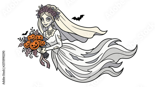 Ghost bride in a white wedding dress holding a carved pumpkin bouquet
