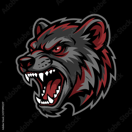 Roaring wild boar head mascot logo vector illustration featuring ferocious red eye swine hog animal for sports team emblem badge