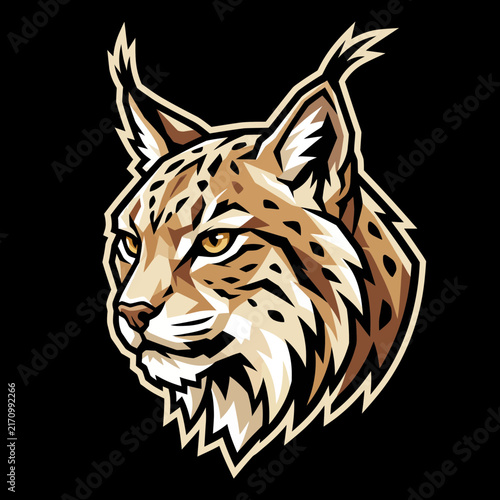 Golden lynx bobcat head mascot logo vector illustration featuring wild feline predator animal for gaming esports team emblem badge artwork