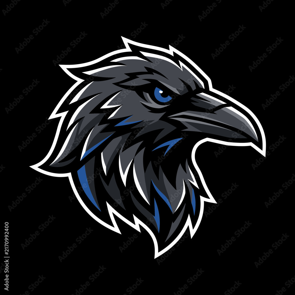 Naklejka premium Black raven crow head mascot logo vector illustration featuring wild dark bird animal for gaming esports team emblem badge design