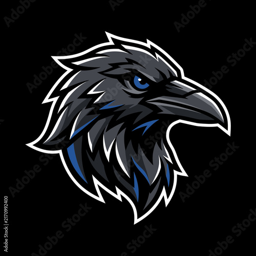 Black raven crow head mascot logo vector illustration featuring wild dark bird animal for gaming esports team emblem badge design