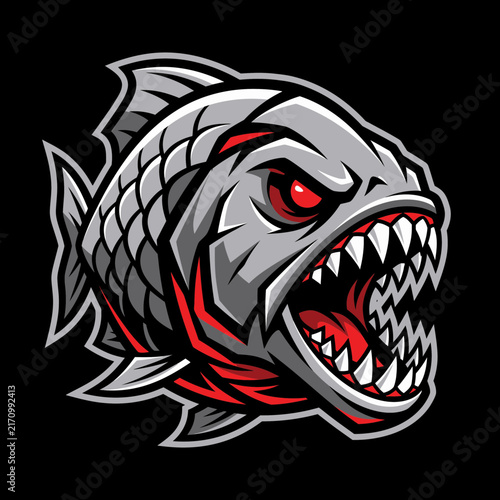 Ferocious piranha fish head mascot logo vector illustration featuring angry aquatic monster with sharp teeth for gaming team emblem artwork