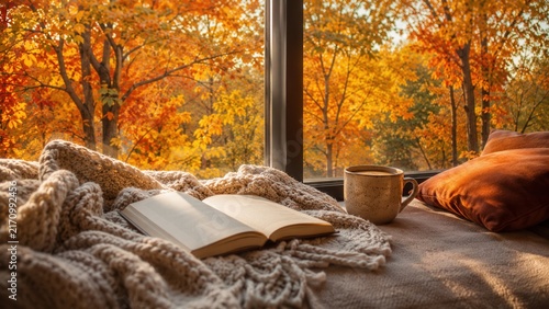 Cozy autumn reading nook with open book and warm coffee by window overlooking colorful fall forest view