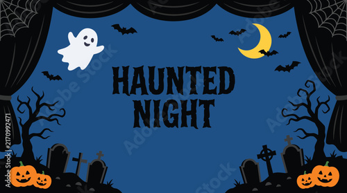 A spooky haunted night scene featuring a ghost bats moon and pumpkins perfect for a festive halloween background design element