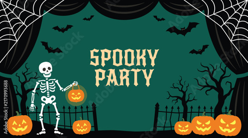 A festive halloween background featuring a skeleton holding a lantern with carved pumpkins and bats for a spooky party celebration