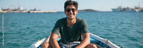 Young man smiling on the bow of a small boat at sea for travel banner background and summer lifestyle portrait