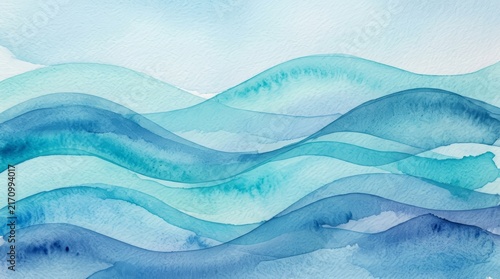 Abstract blue watercolor painting featuring a turquoise sea waves pattern gradient.