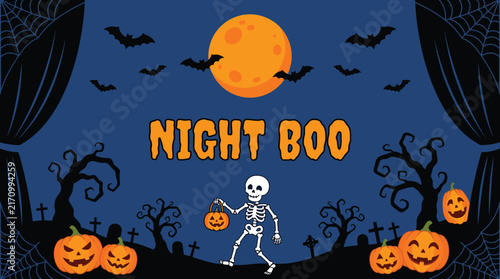 A festive halloween background featuring a spooky skeleton holding a pumpkin under a full moon with bats and orange jack o lanterns
