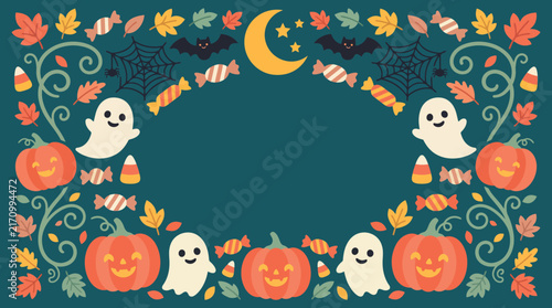 A festive halloween background featuring cute ghosts pumpkins candy and autumn leaves arranged in a decorative frame on dark teal