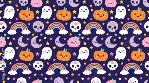 A seamless halloween background featuring cute cartoon pumpkins ghosts skulls rainbows and crescent moons on a dark purple starry night backdrop